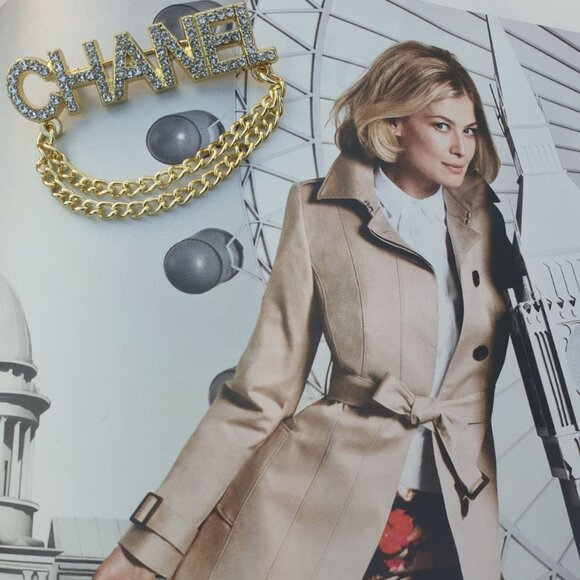 Gold Metal Chain Crystals Brooch Pin Fashion Women Casual Formal Jewelry Gift